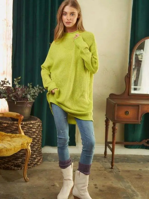 Solid Mock Neck Long Sleeve Sweater | Green Apple