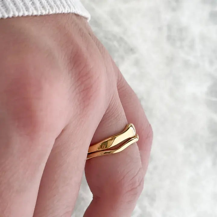 18K Gold Wave Ring Set - Thin