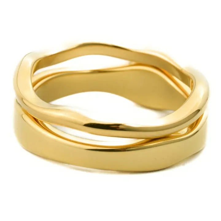 18K Gold Wave Ring Set - Wide