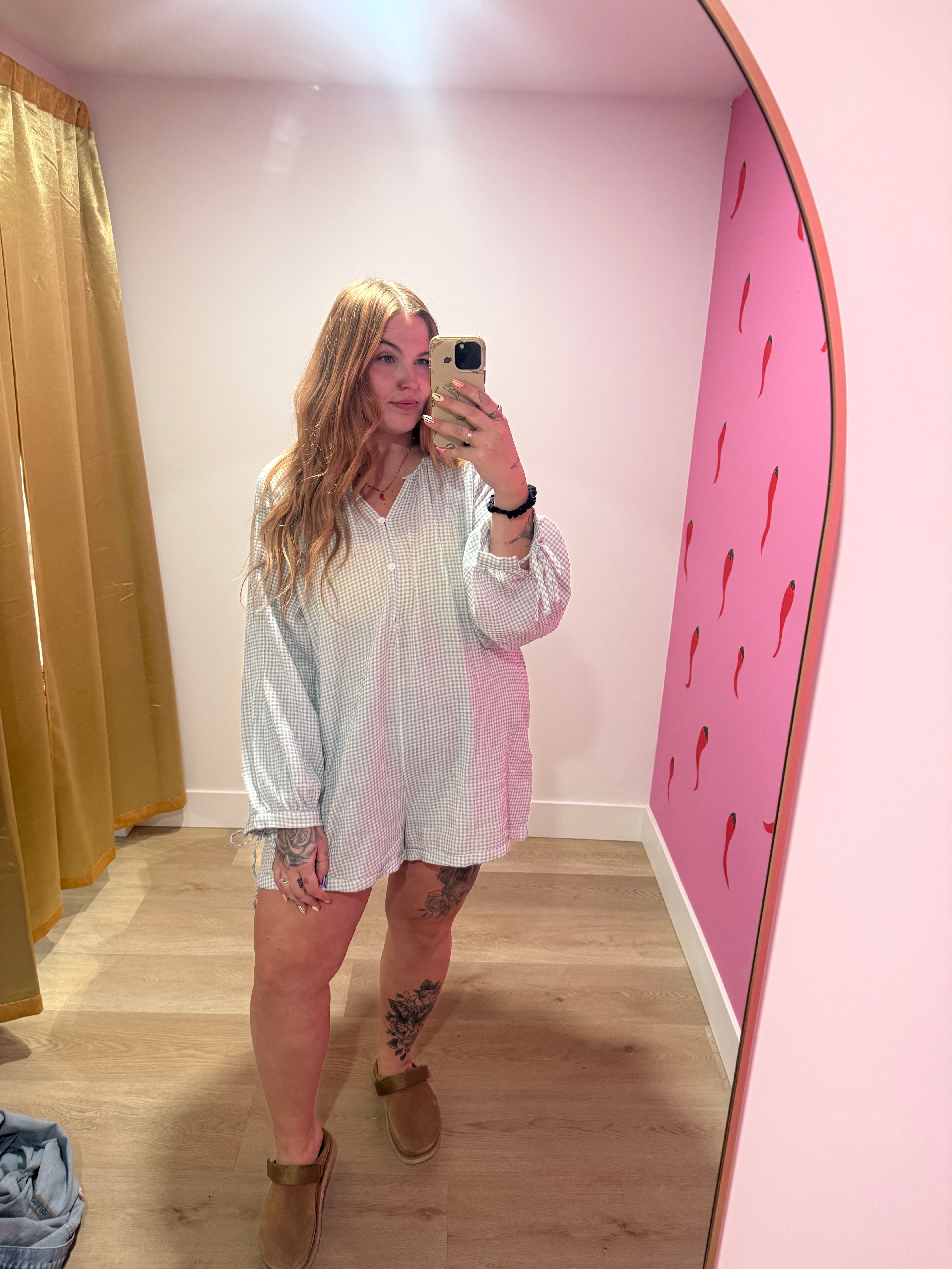 Tawny Long Sleeve Gingham Romper