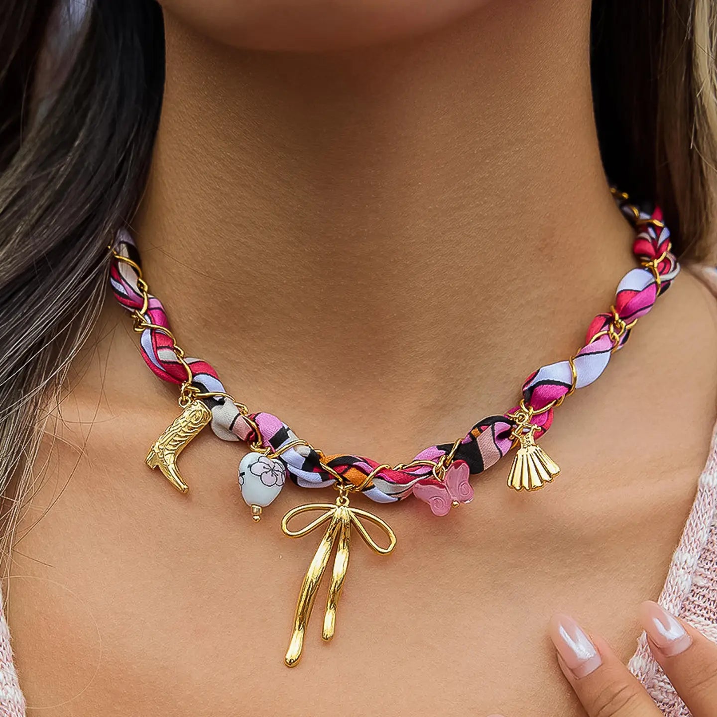 Plumeria Braided Charm Bow Necklace