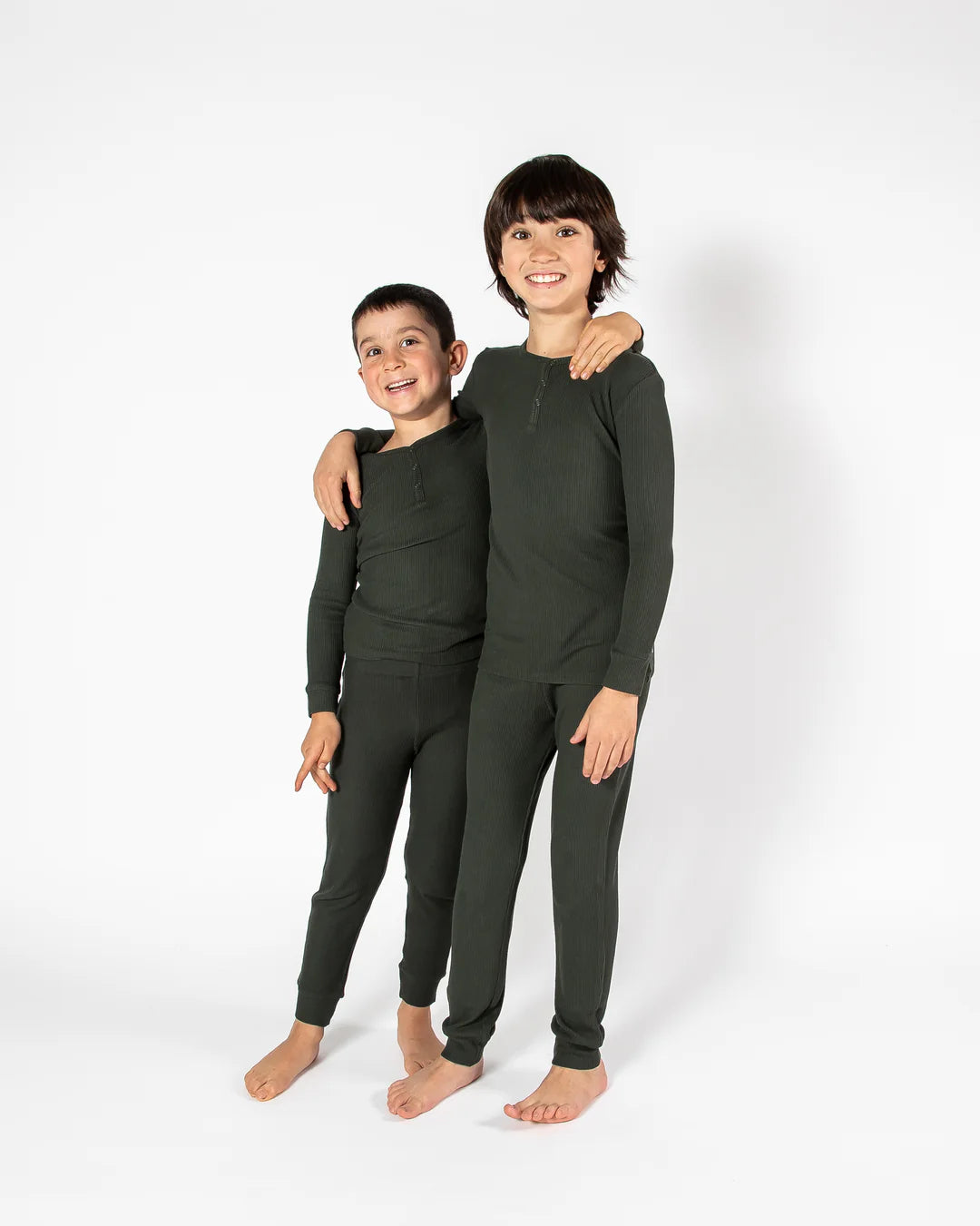 Kids Deep Forest Green Waffle Two Piece Long Pajama Set