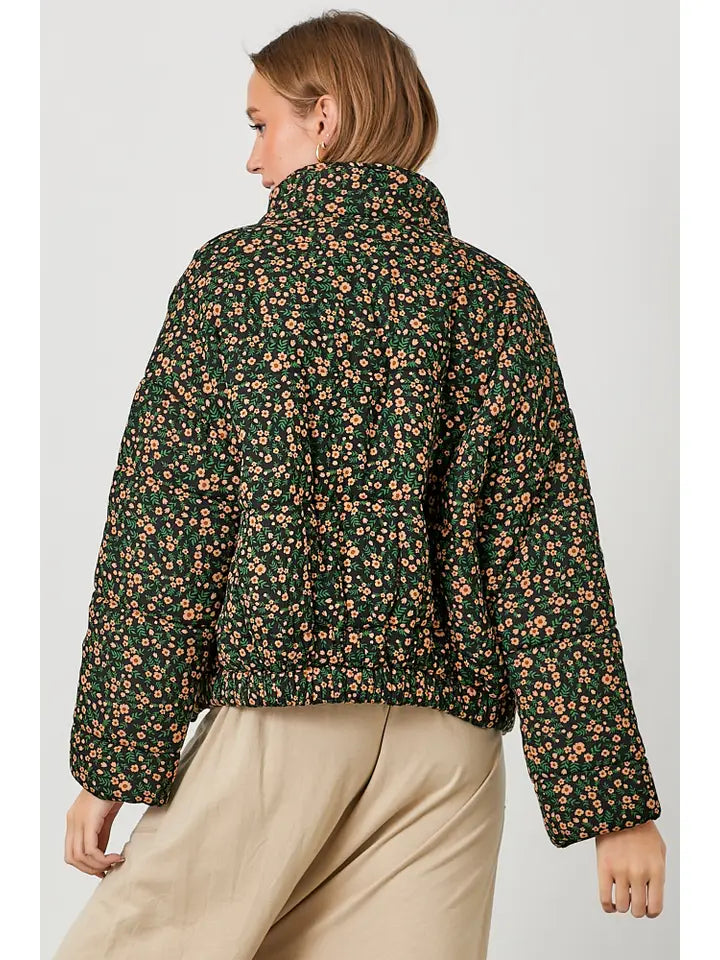 Floral Print Snap Button Puff Jacket