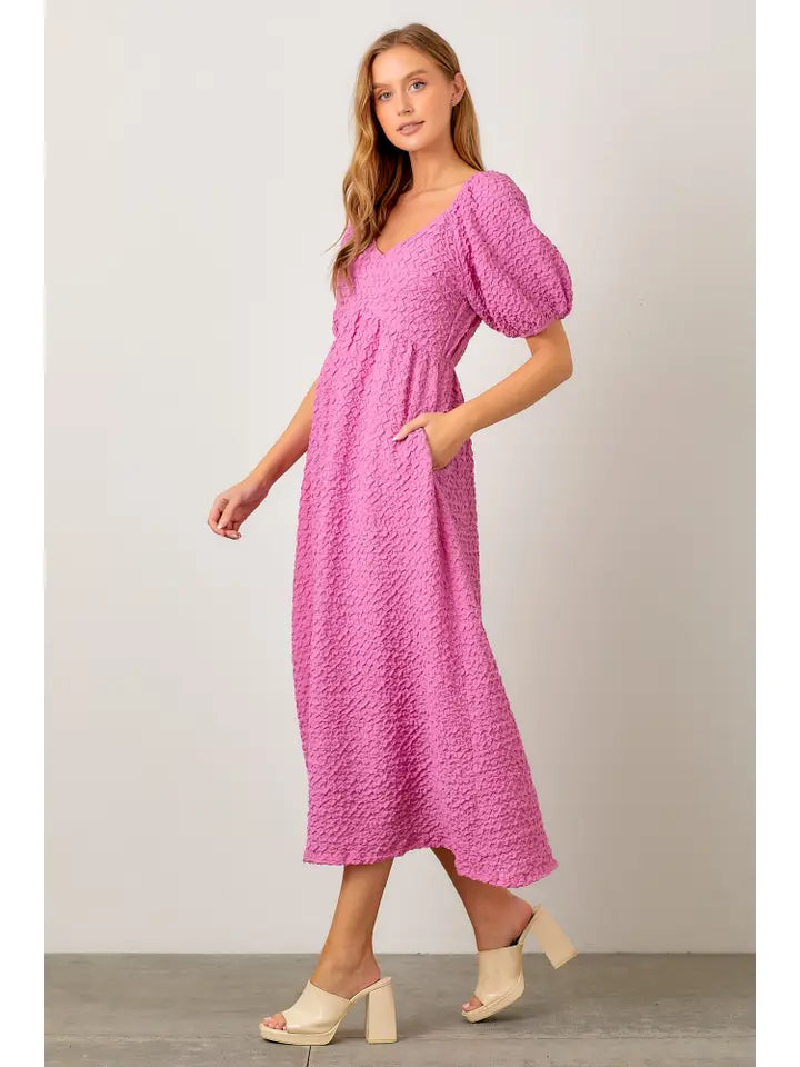 Textured Woven Puff Sleeve Midi Dress