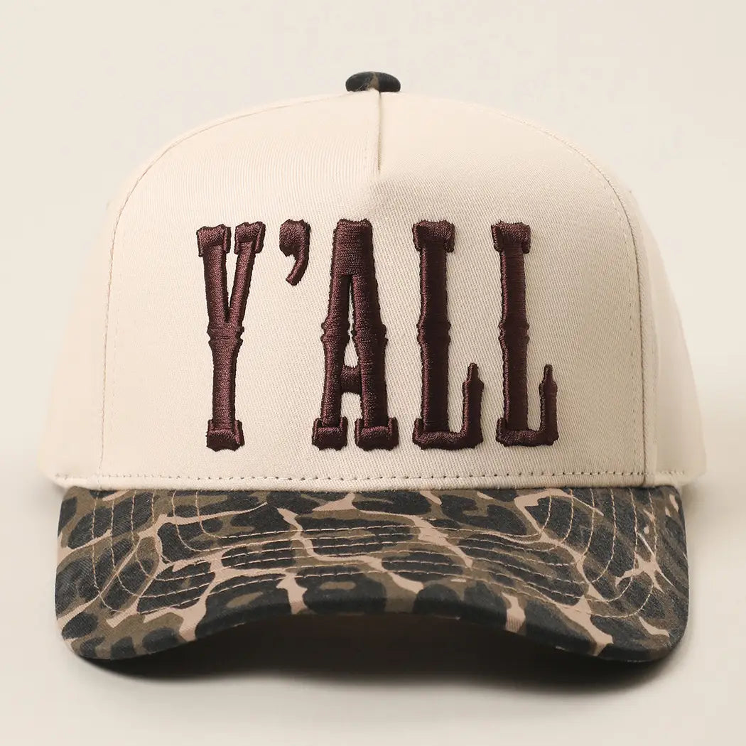 Y'all 3D Embroidered Two Tone Leopard Brim Trucker Hat