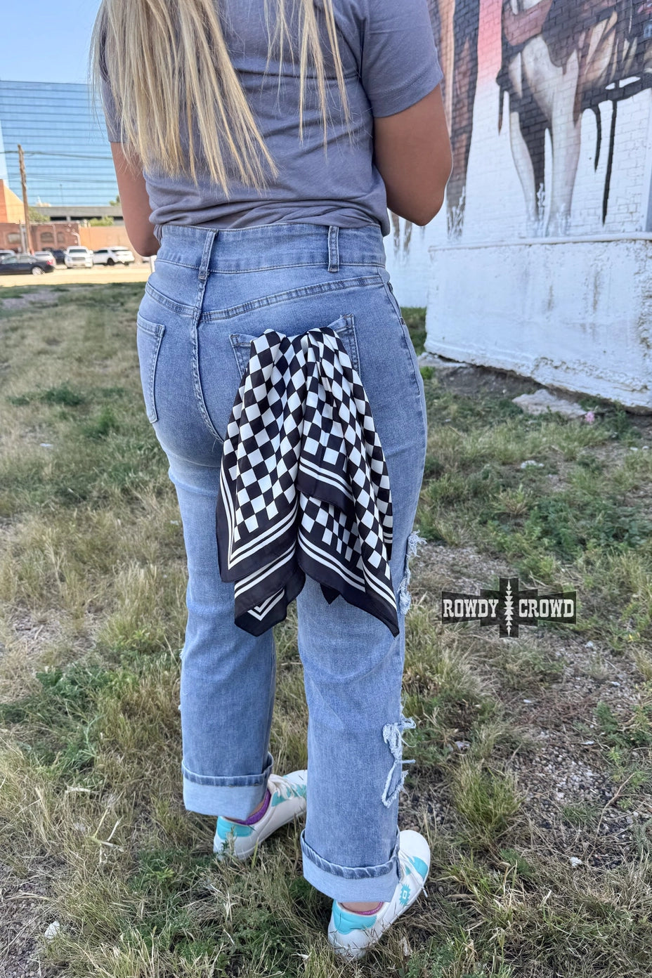 Small Black Checkered Out Wild Rag/ Scarf - 26" x 26"