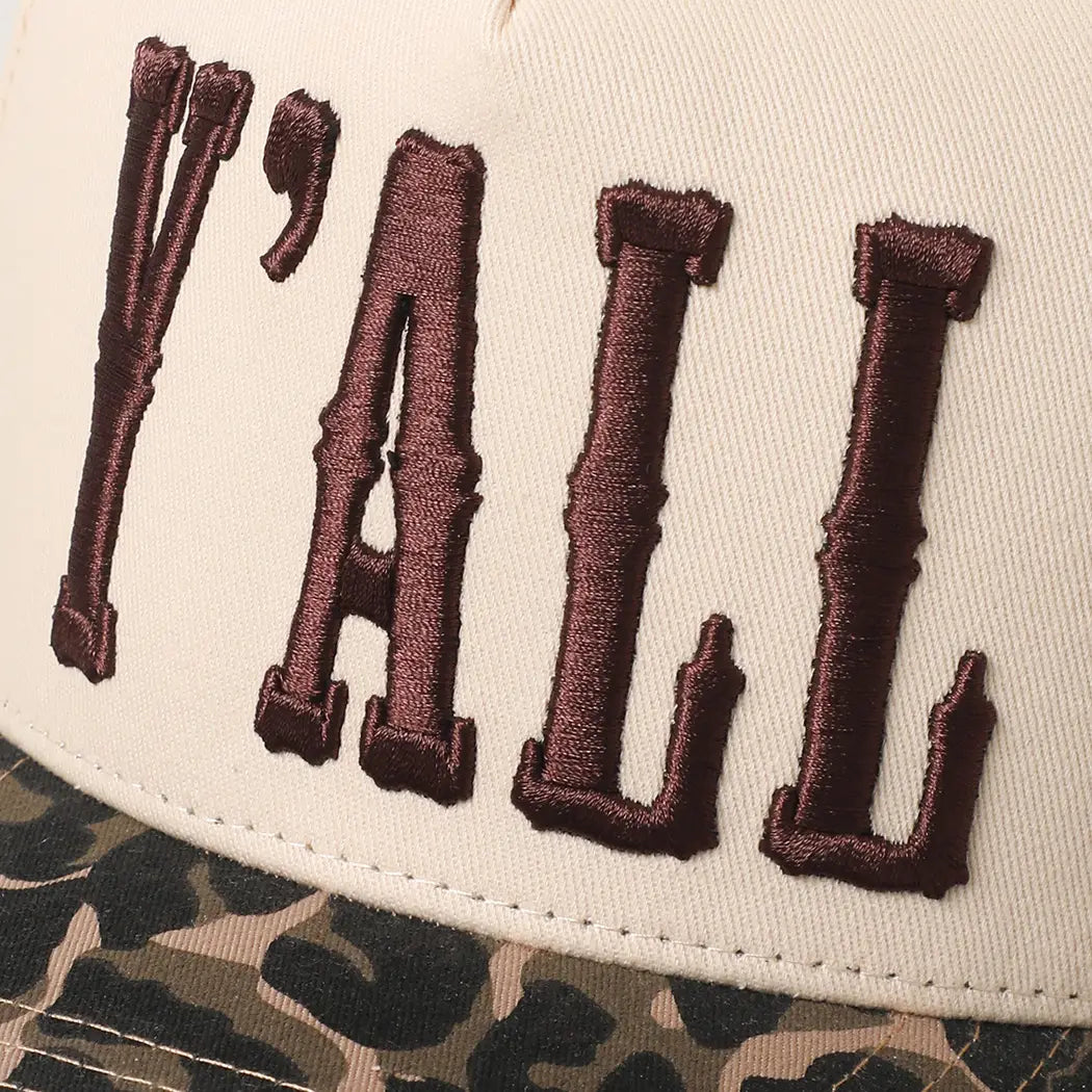 Y'all 3D Embroidered Two Tone Leopard Brim Trucker Hat