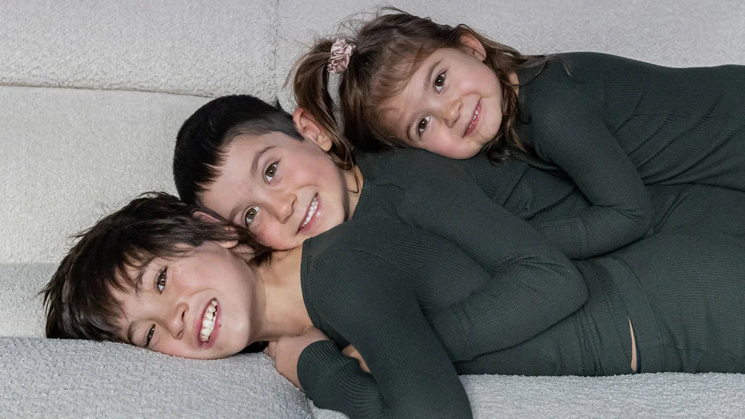 Kids Deep Forest Green Waffle Two Piece Long Pajama Set