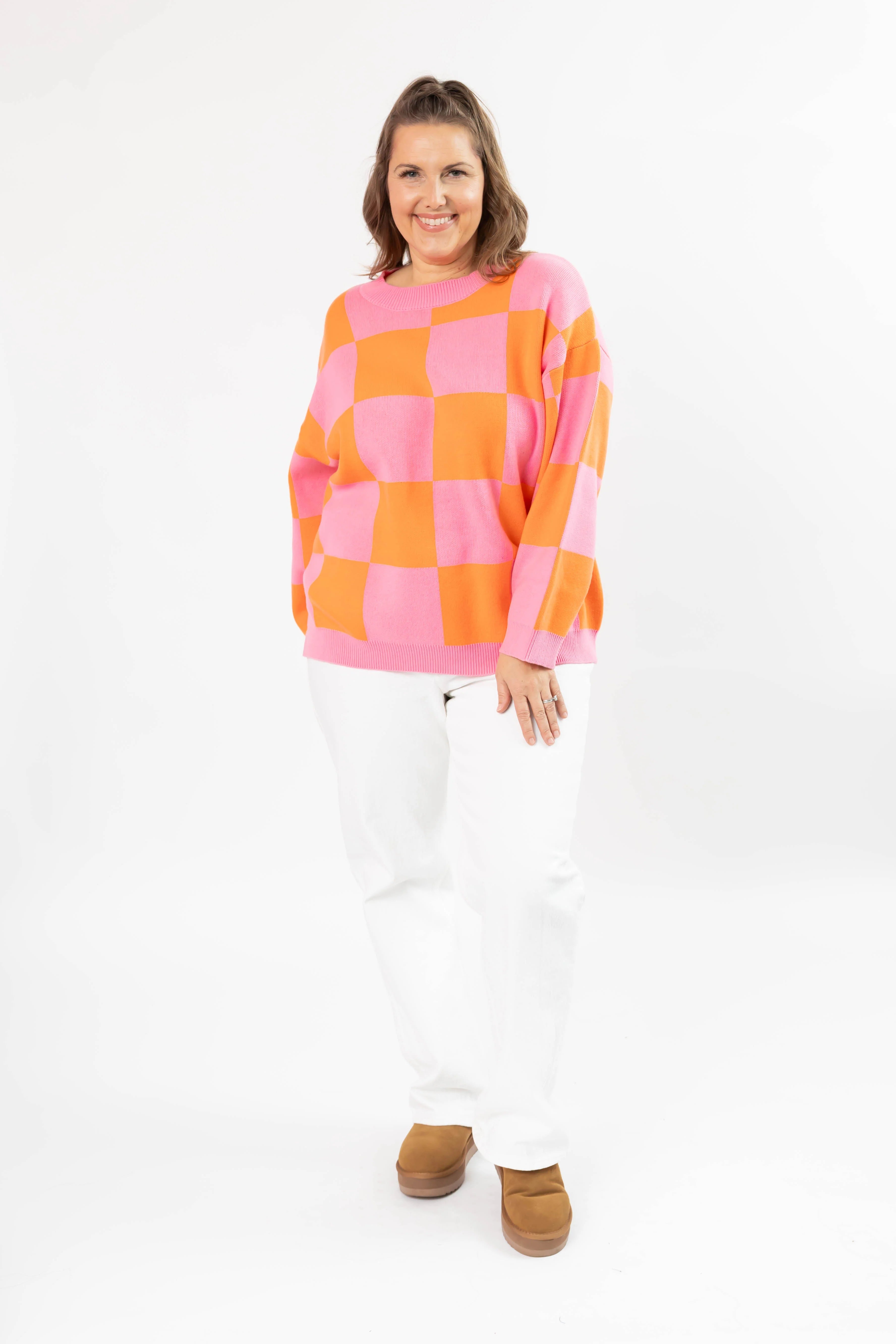 Chrissy Checkered Sweater in Pink/Orange