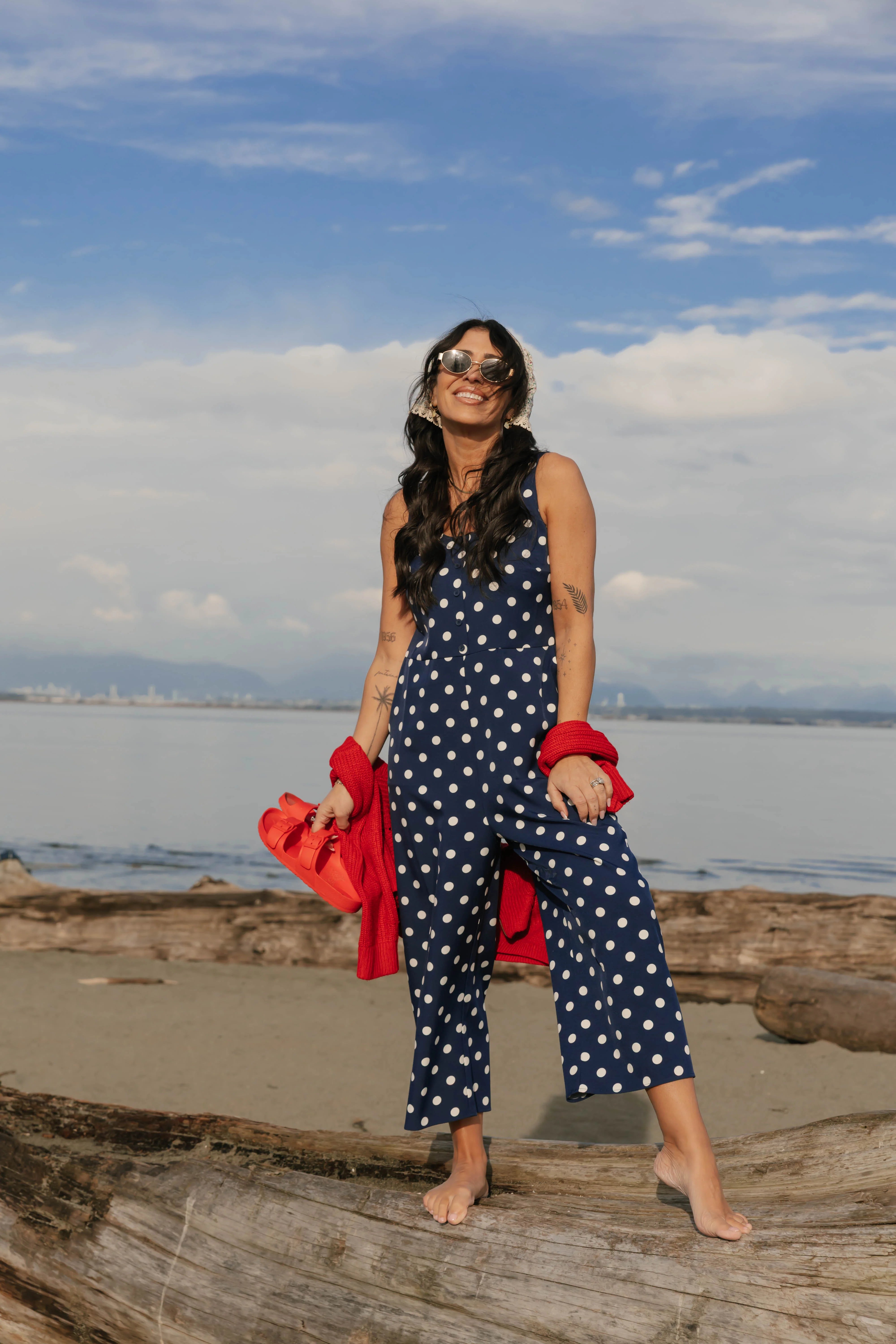 Lucy Polka Dot Cropped Romper in Navy Blue