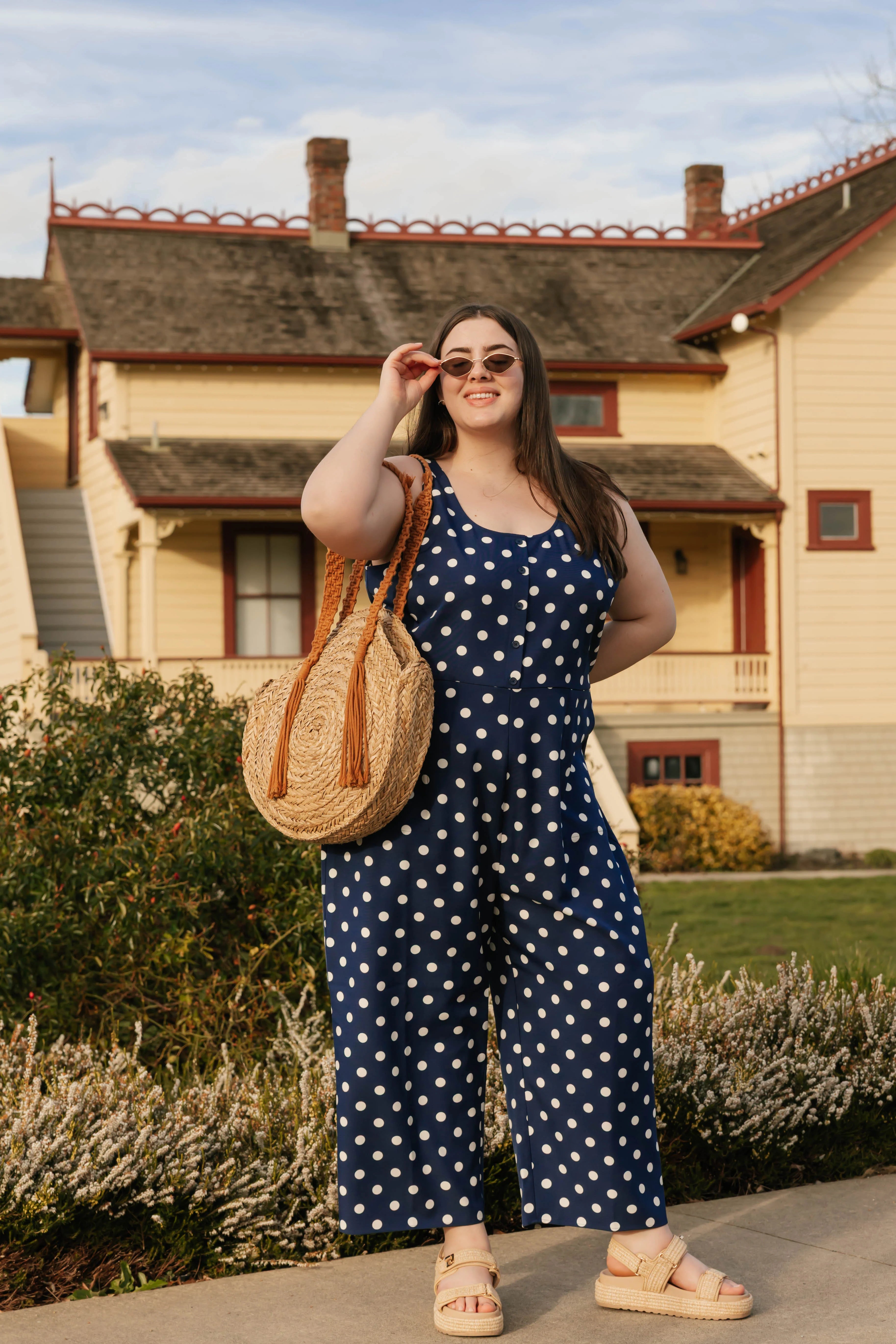 Lucy Polka Dot Cropped Romper in Navy Blue