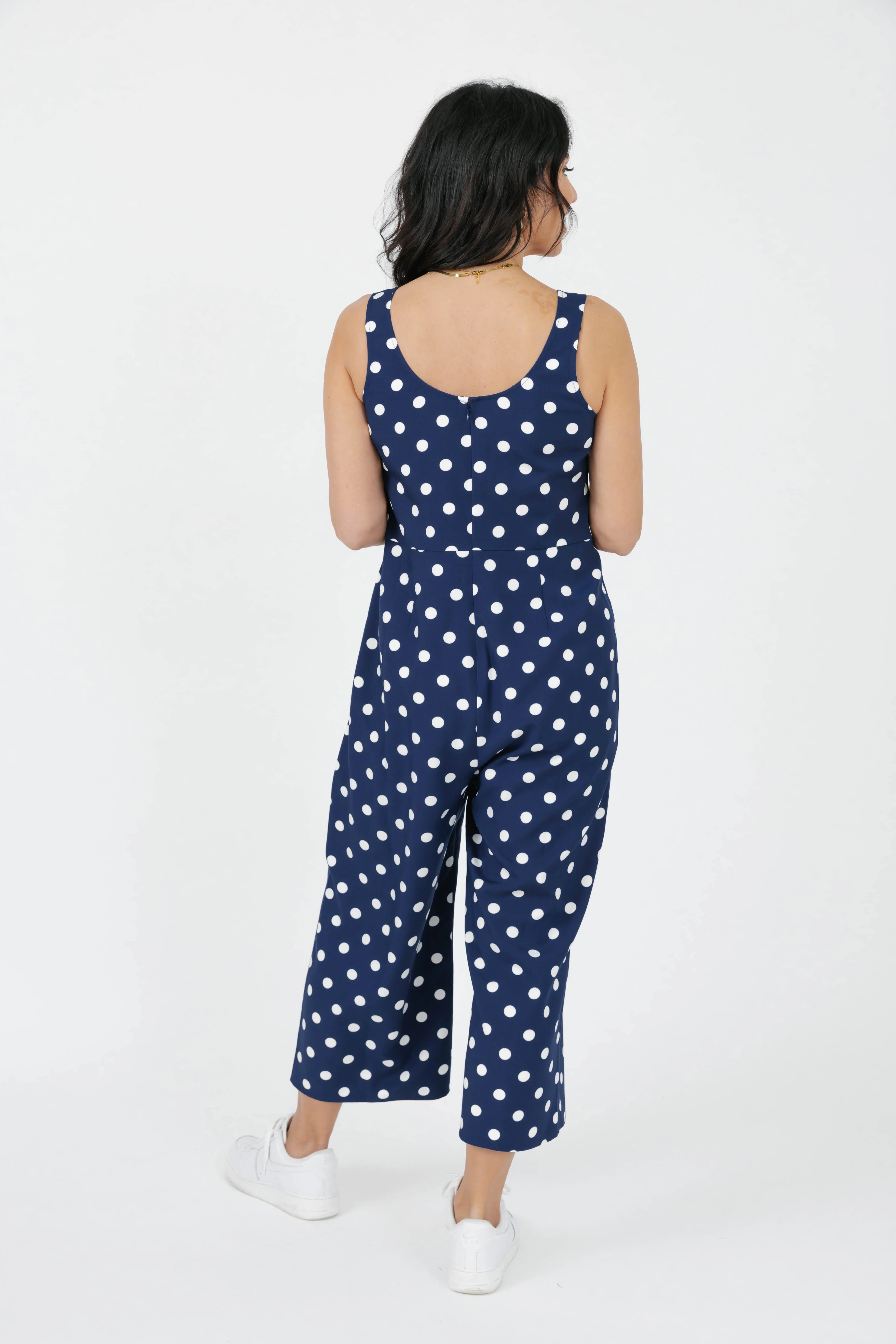 Lucy Polka Dot Cropped Romper in Navy Blue