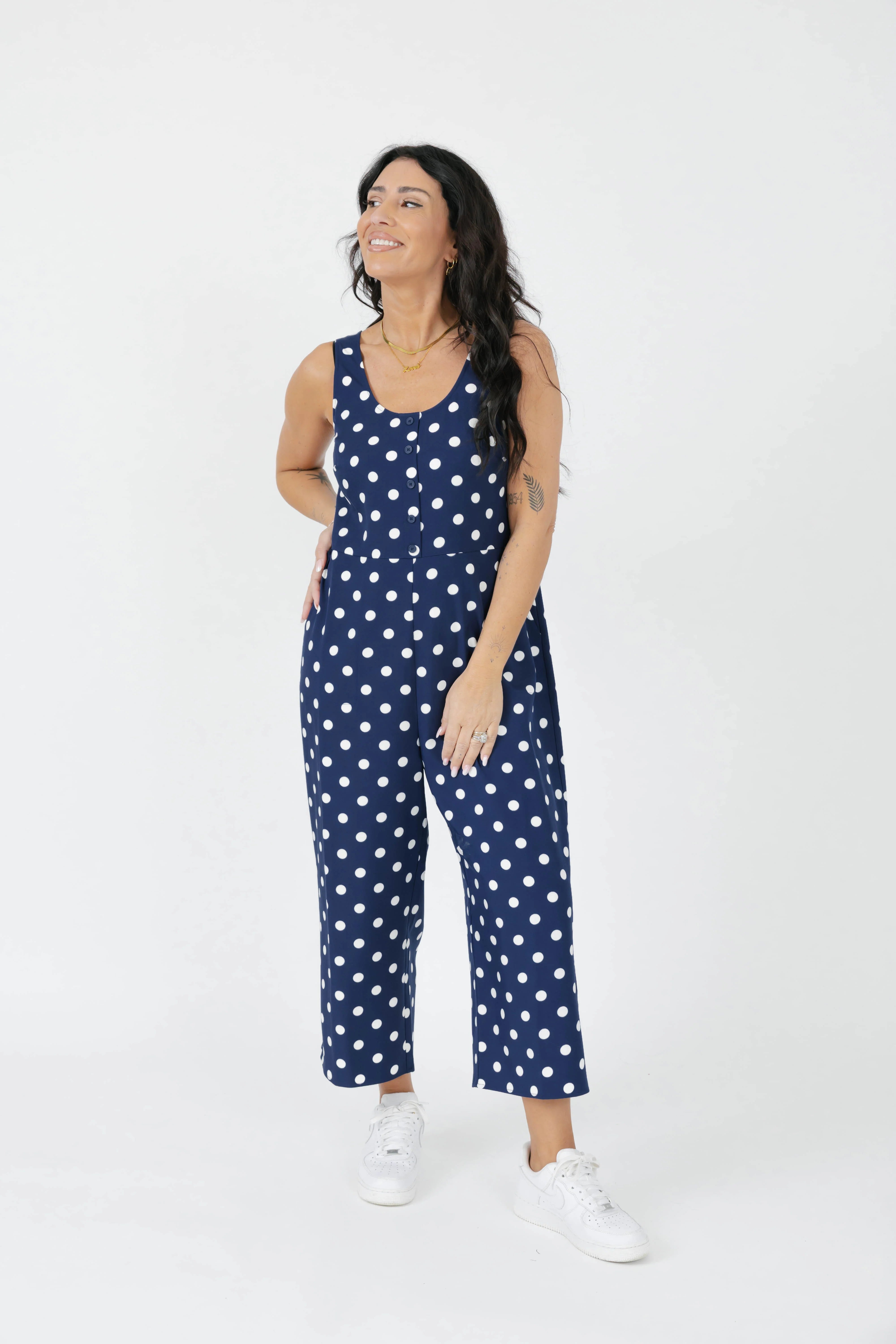 Lucy Polka Dot Cropped Romper in Navy Blue