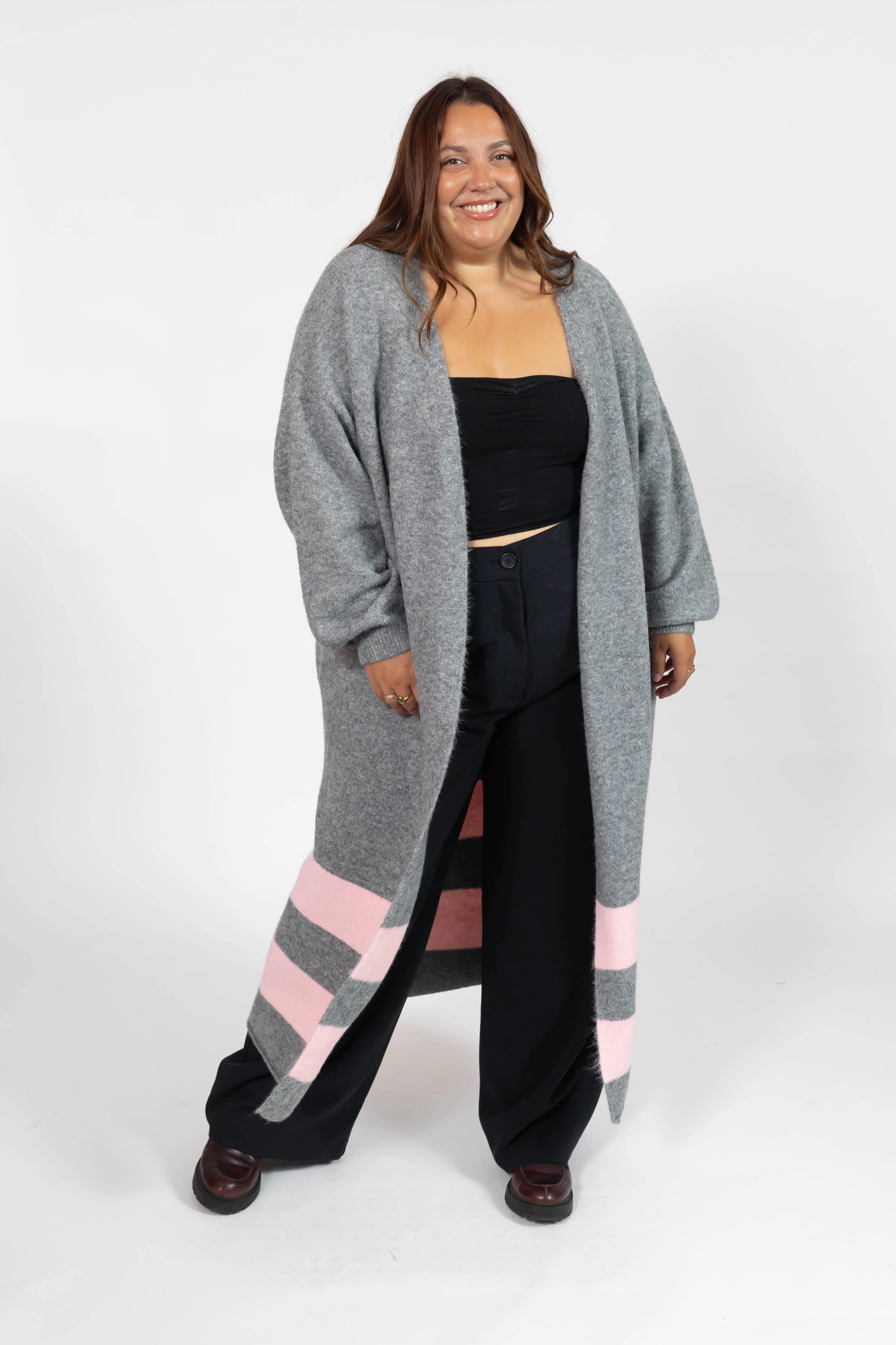 Mabel Striped Long Cardigan in Gray