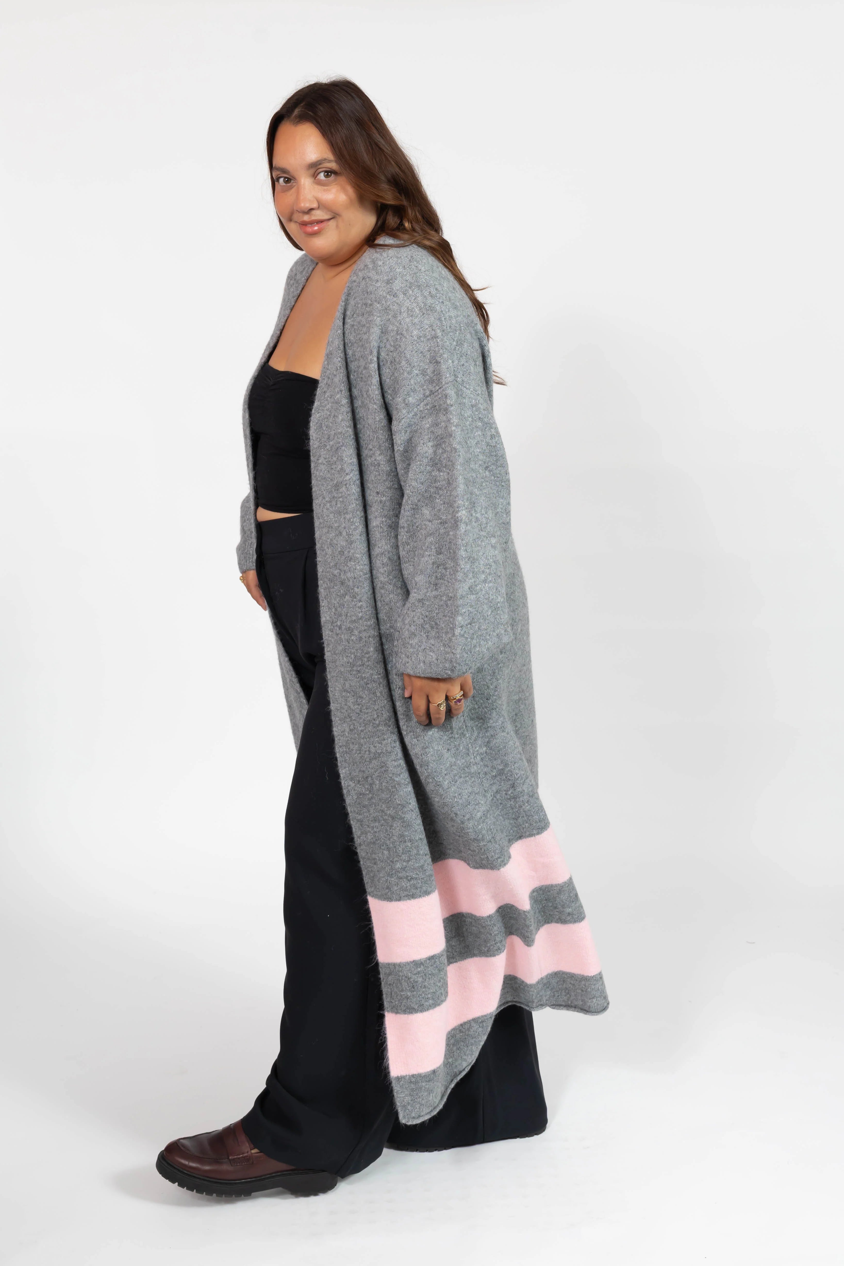 Mabel Striped Long Cardigan in Gray