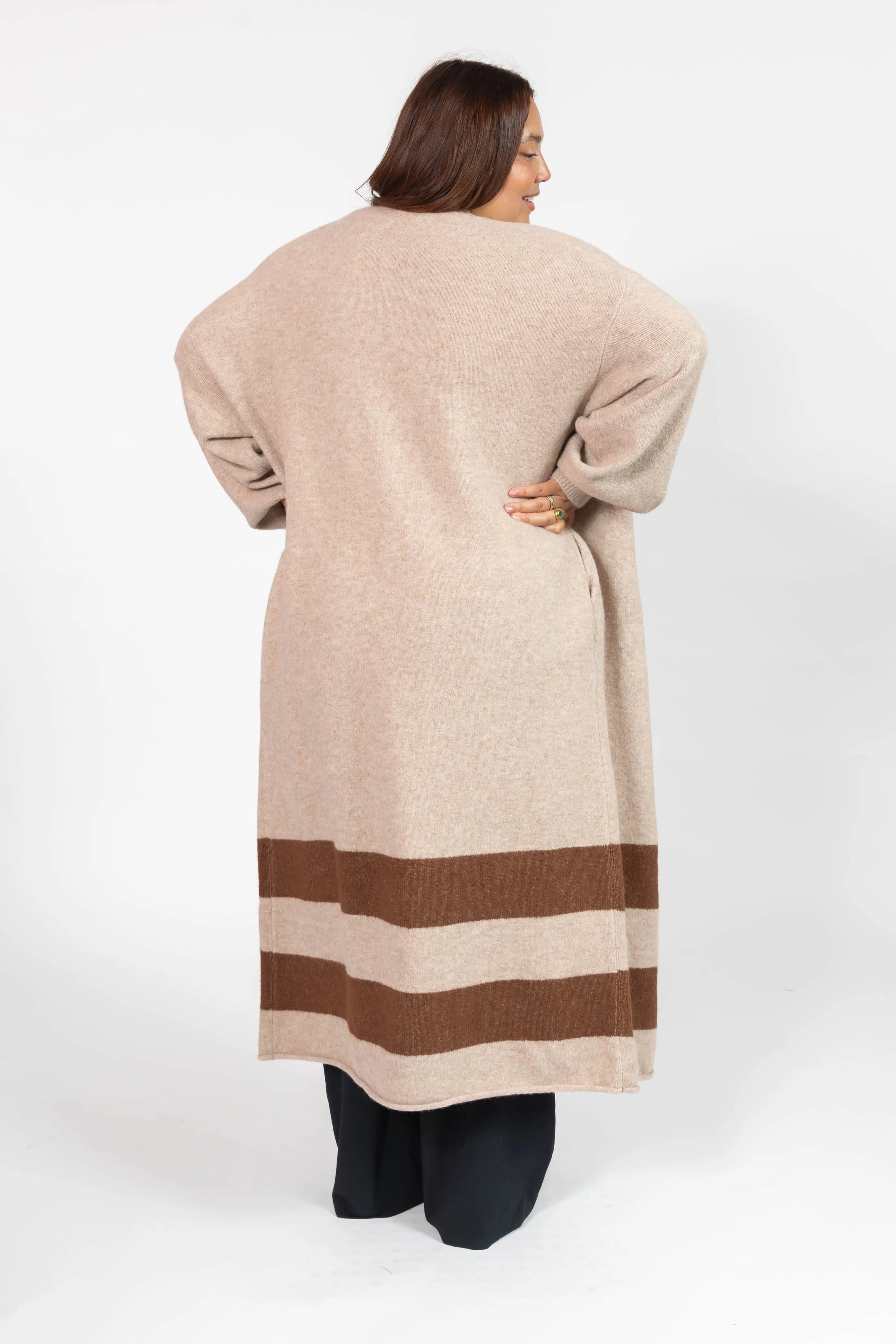 Mabel Striped Long Cardigan in Light Brown/Chestnut