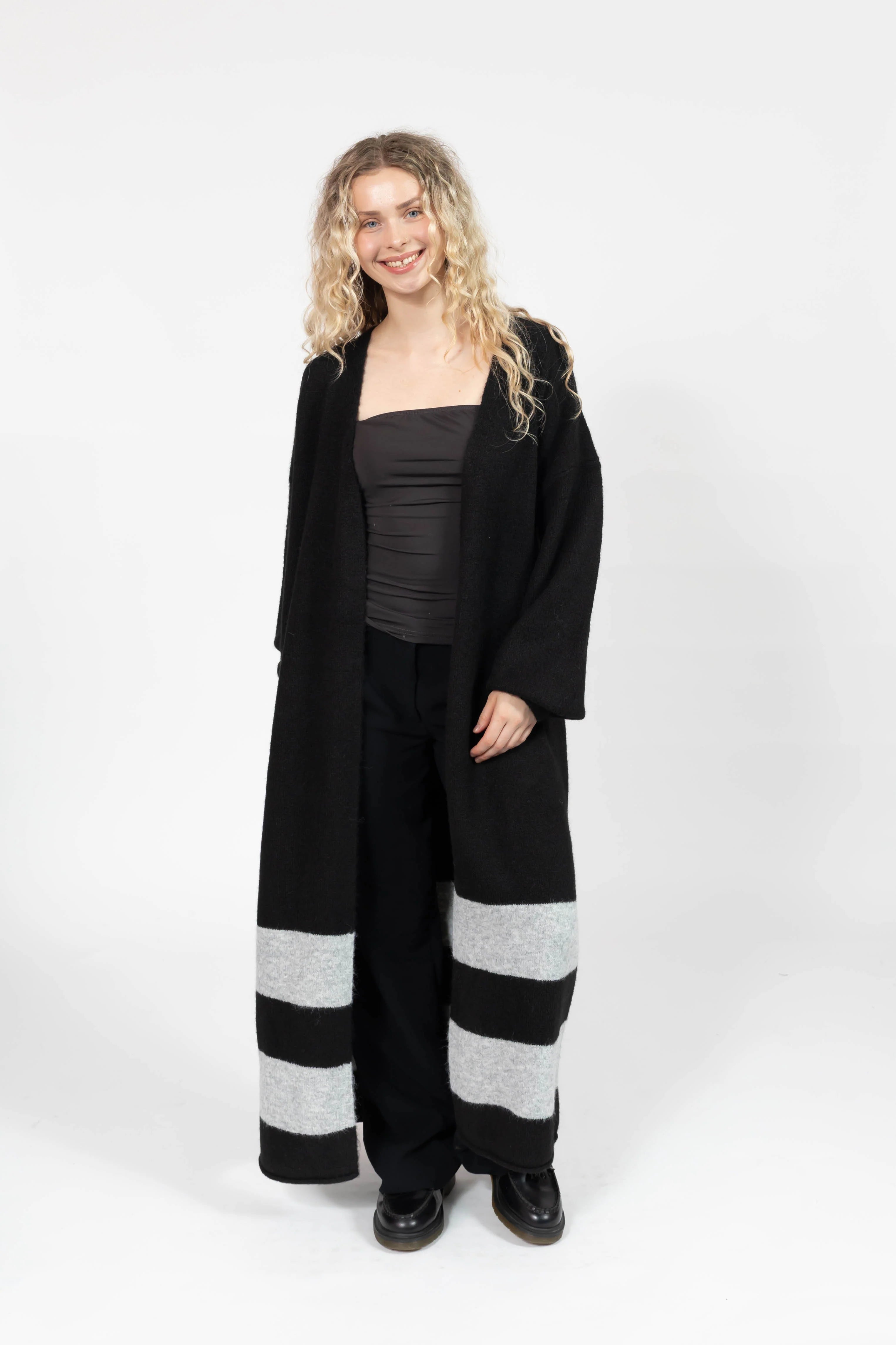 Mabel Striped Long Cardigan in Black