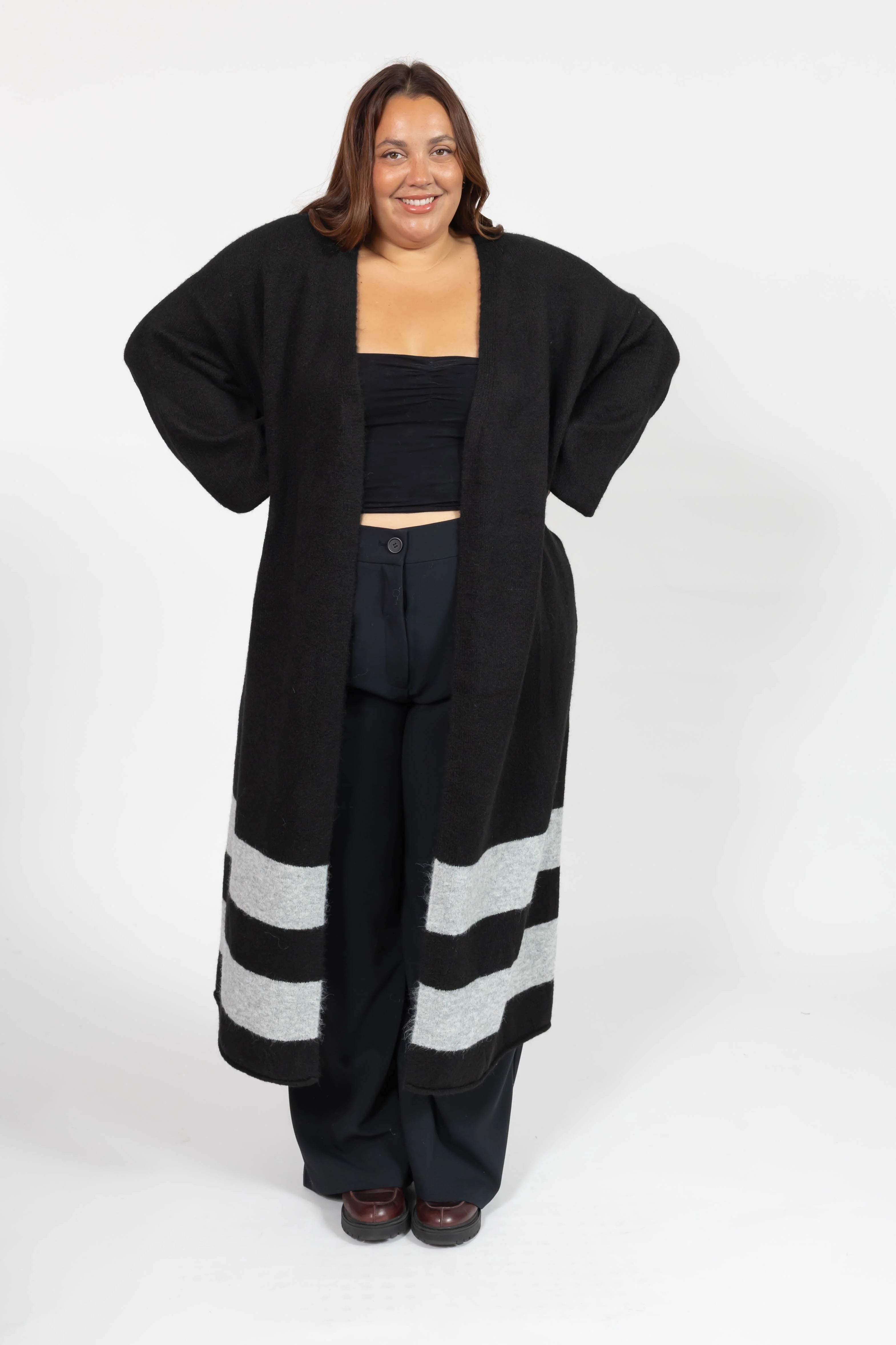 Mabel Striped Long Cardigan in Black
