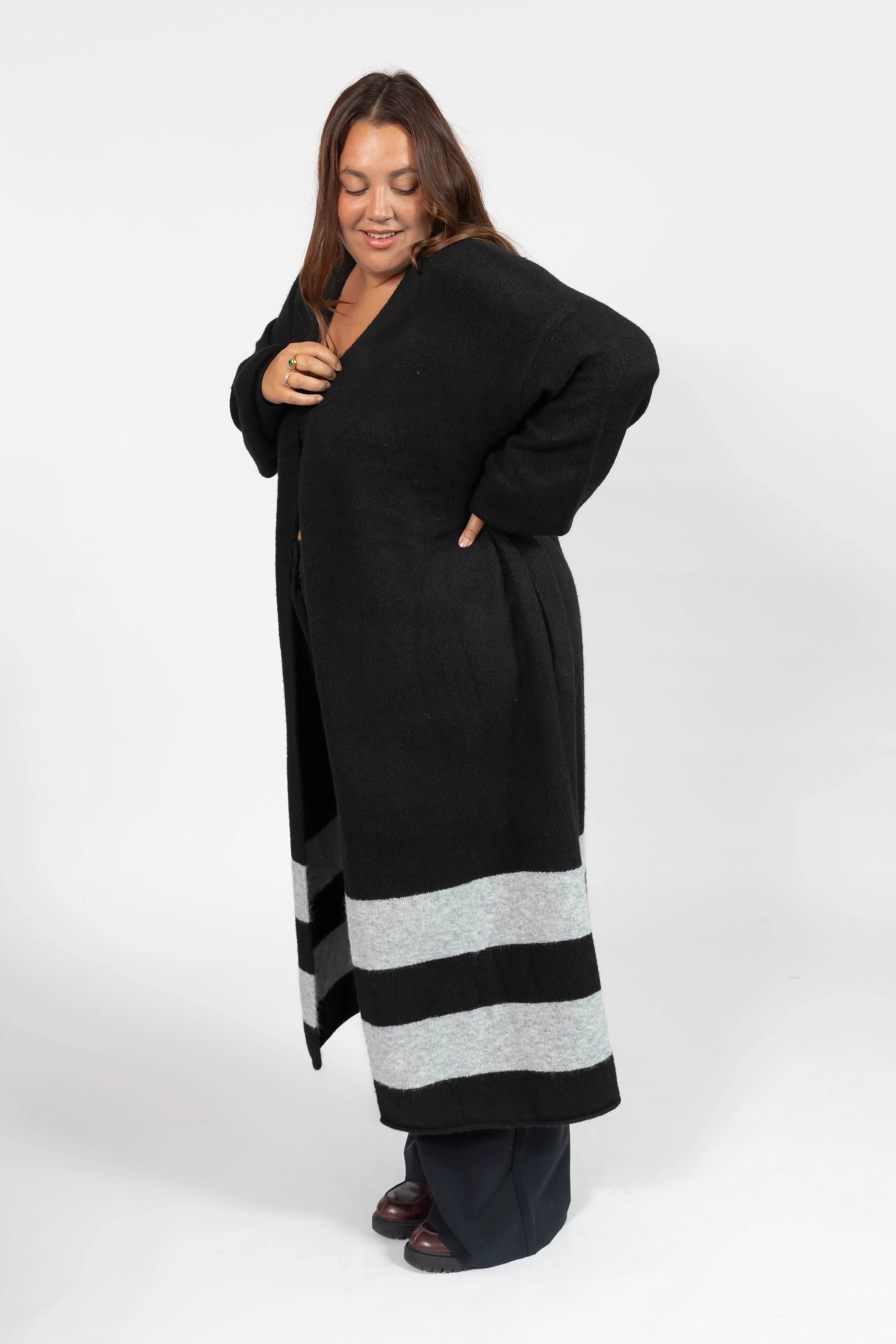 Mabel Striped Long Cardigan in Black