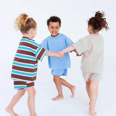 Cotton Striped Matching Sets - Dark Brown w/ Blue Stripes