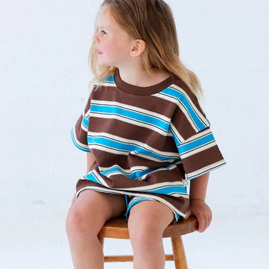 Cotton Striped Matching Sets - Dark Brown w/ Blue Stripes