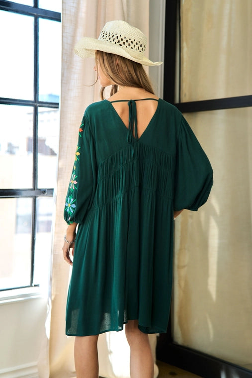 V Neckline Long Sleeves Dress - Dark Green