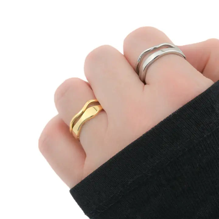 18K Gold Wave Ring Set - Wide