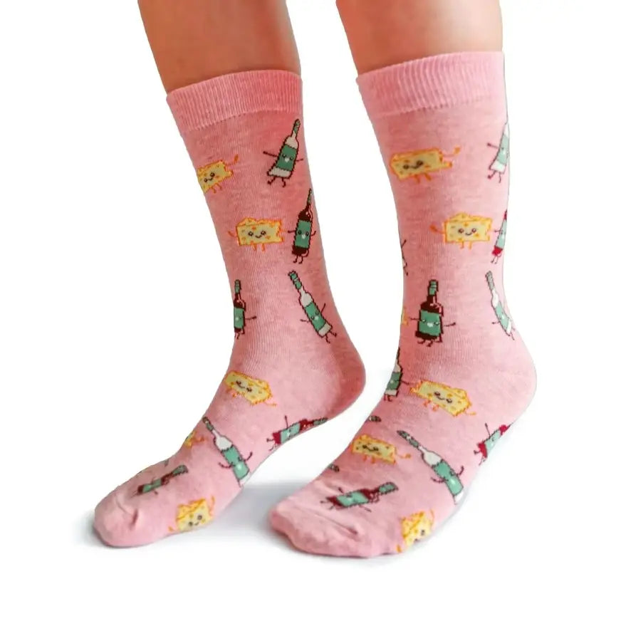 Wine Hearts Cheese Socks- Womens