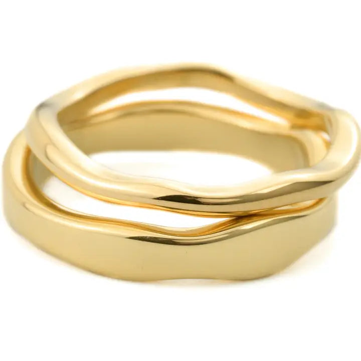 18K Gold Wave Ring Set - Wide