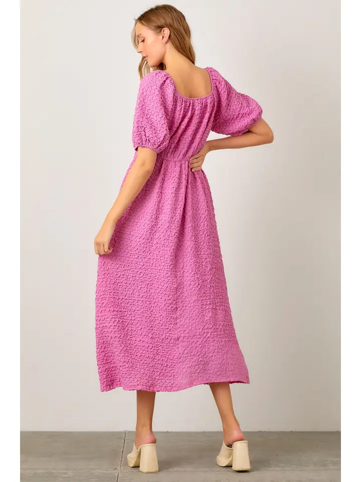 Textured Woven Puff Sleeve Midi Dress