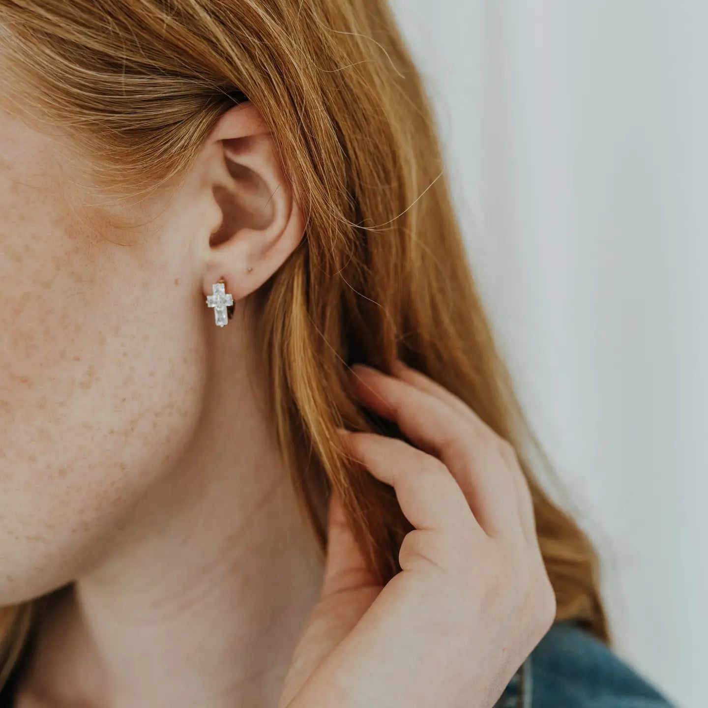 Alta Cross Huggies Gold Baguette Cz Earrings