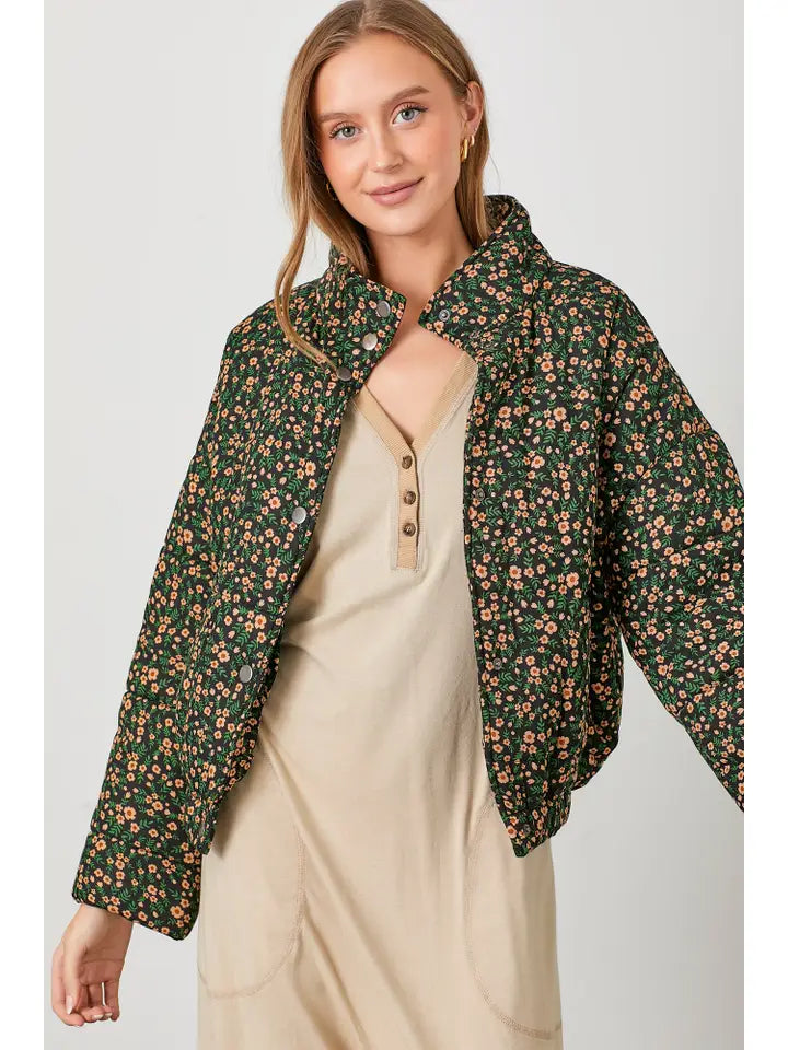 Floral Print Snap Button Puff Jacket