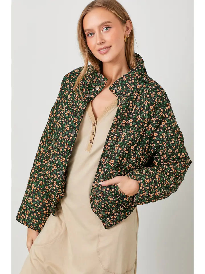 Floral Print Snap Button Puff Jacket