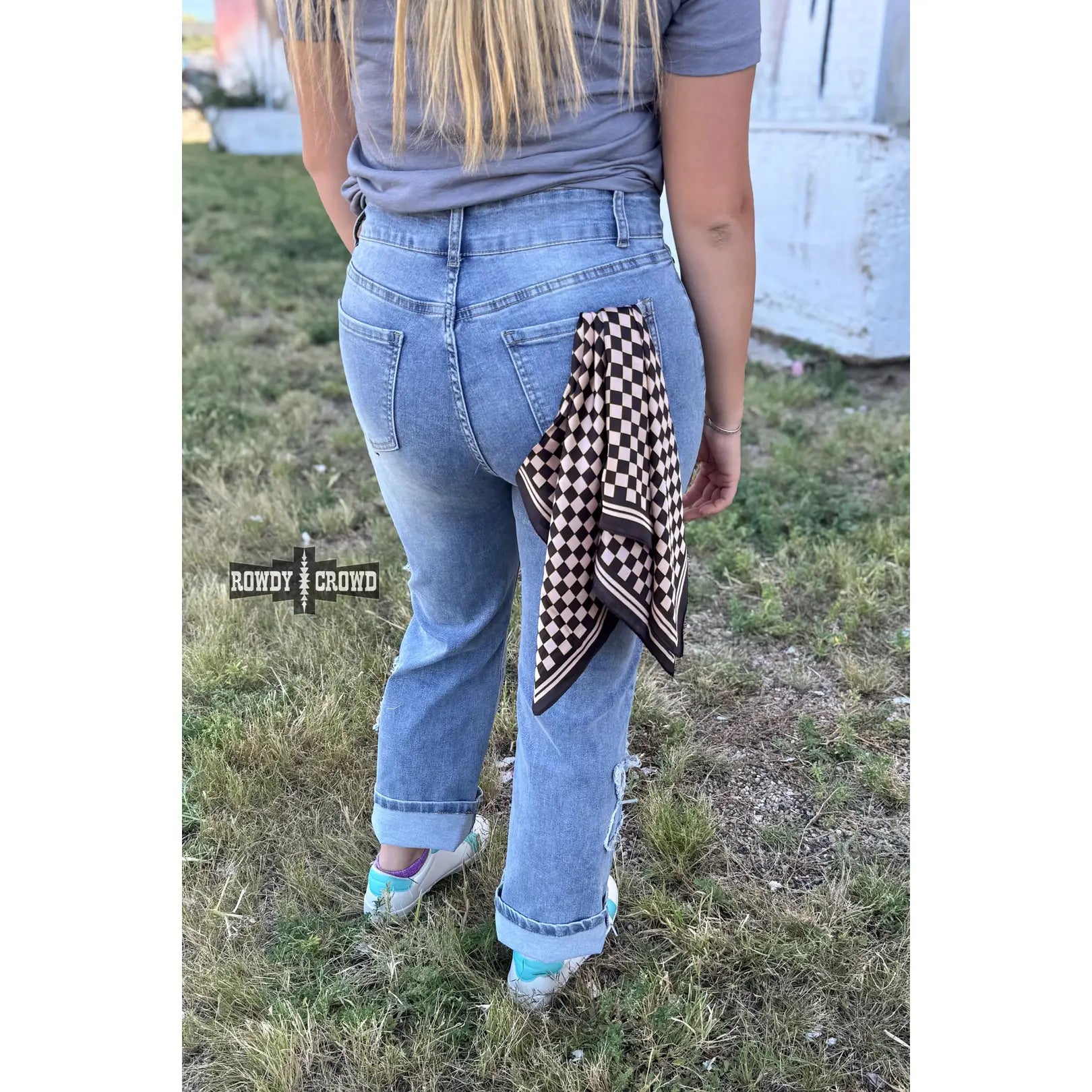 Small Tan Checkered Out Wild Rag/ Scarf - 26x26
