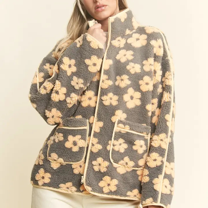 Zip Up Daisy Collared Sherpa Jacket