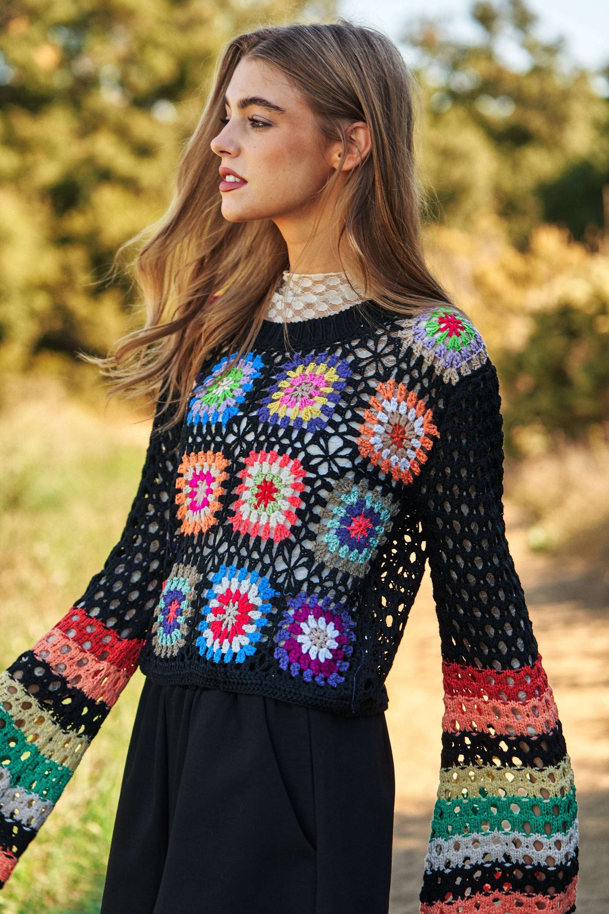 Floral Crochet Stripped Sleeve Knit Sweater