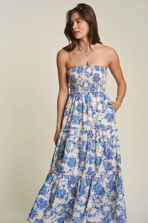 Floral Smocked Strapless Maxi Dress