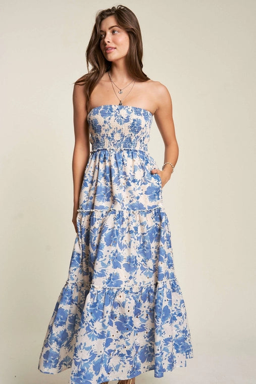 Floral Smocked Strapless Maxi Dress
