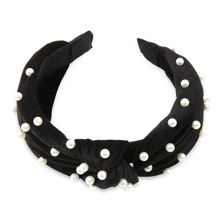 Wide Velvet & Pearl Knot Headband - Black