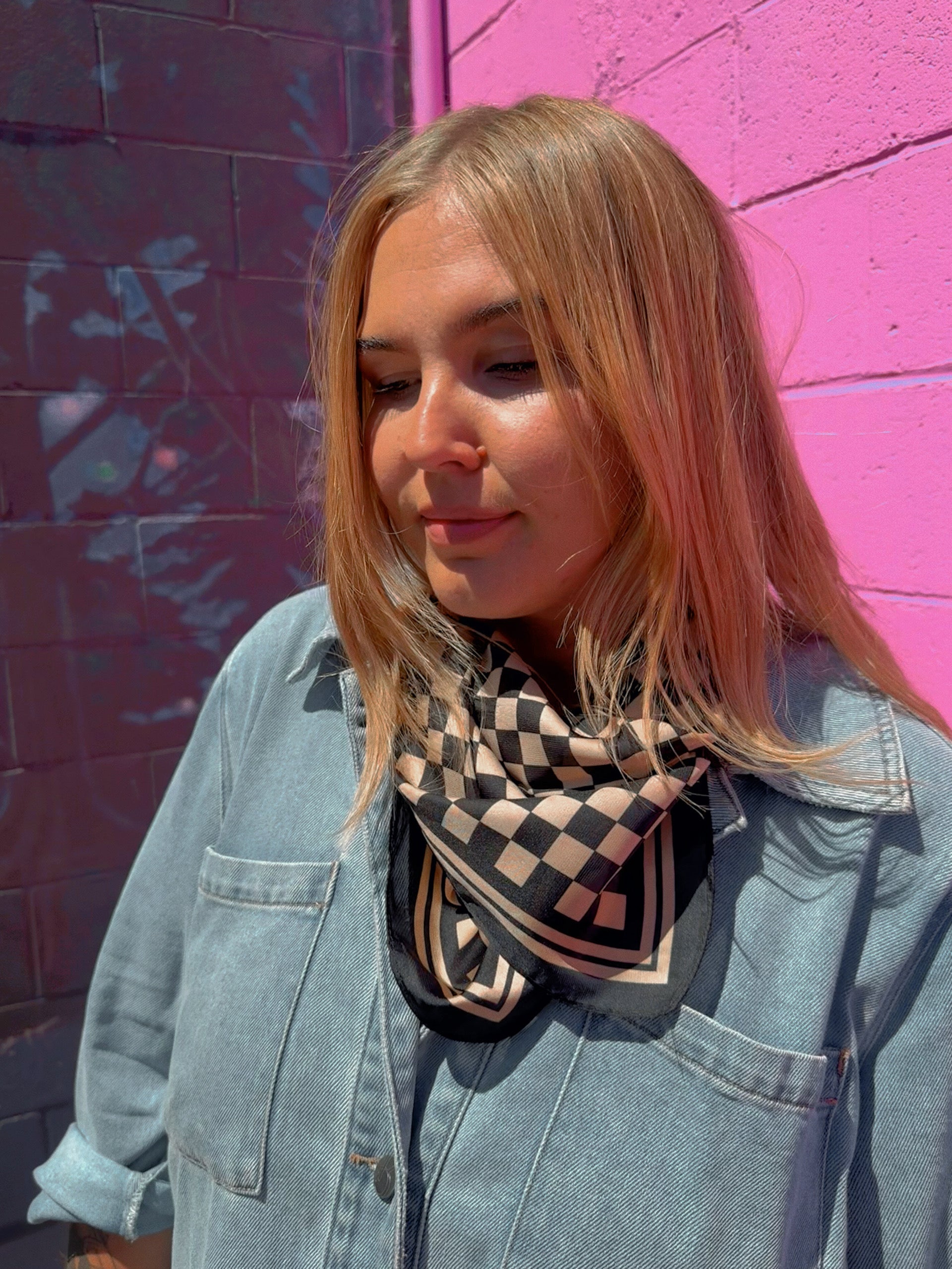 Small Tan Checkered Out Wild Rag/ Scarf - 26x26
