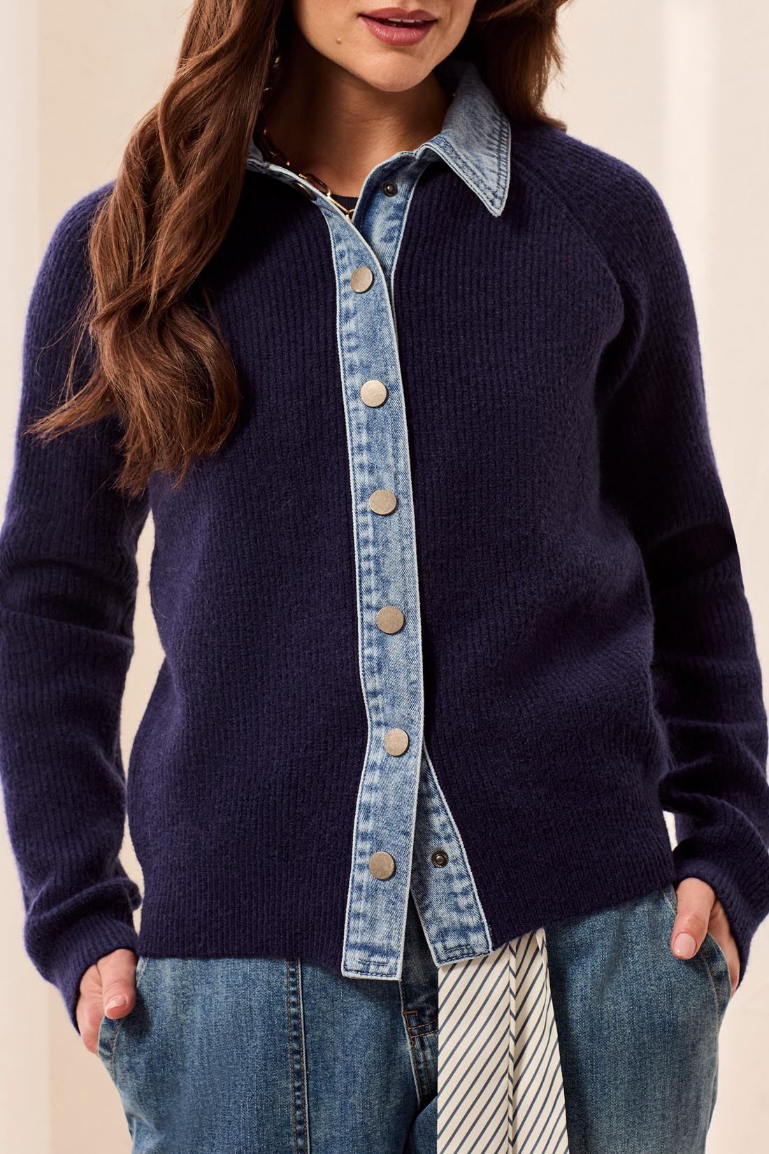 MIXED MEDIA SWEATER JACKET W/ DENIM