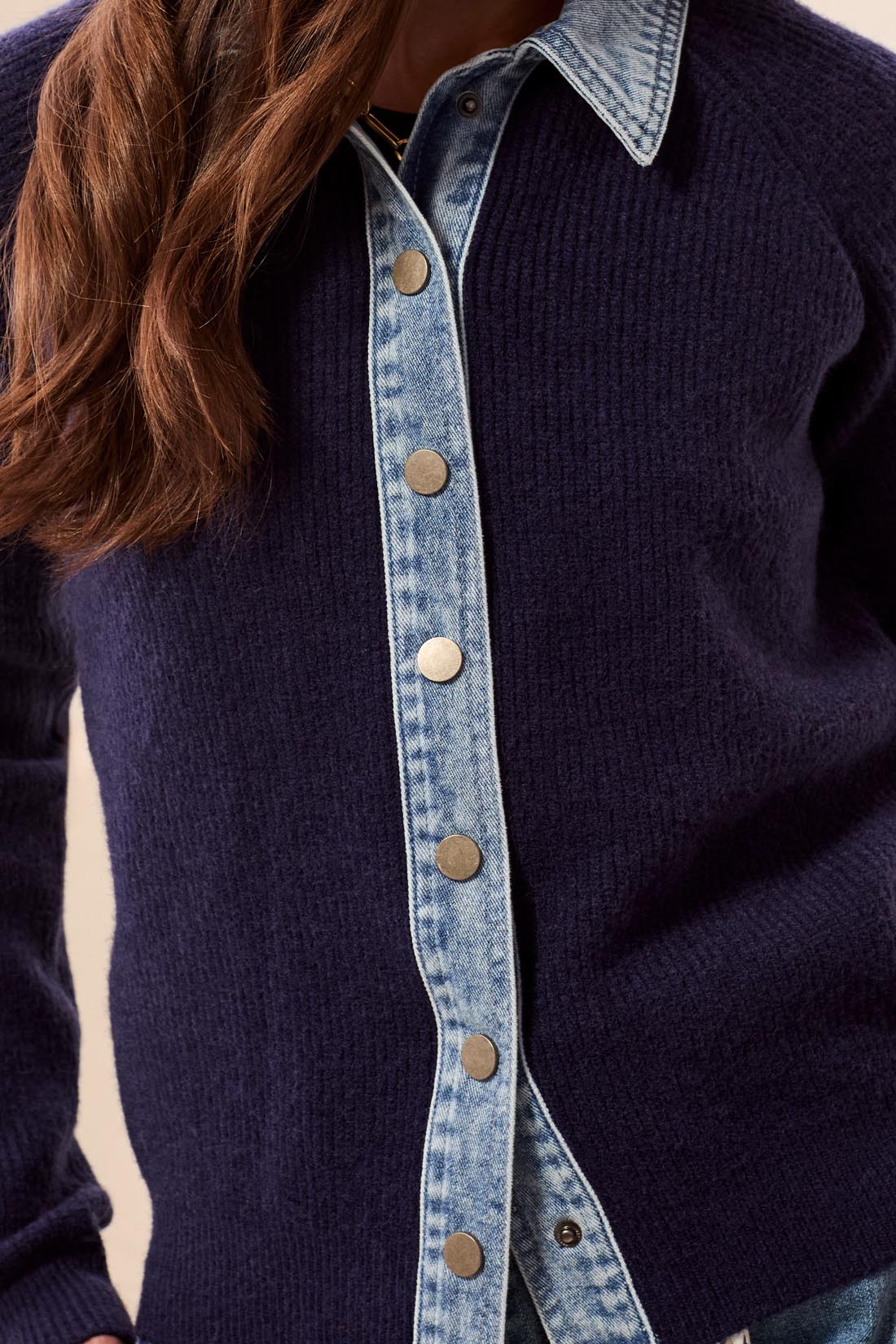 MIXED MEDIA SWEATER JACKET W/ DENIM