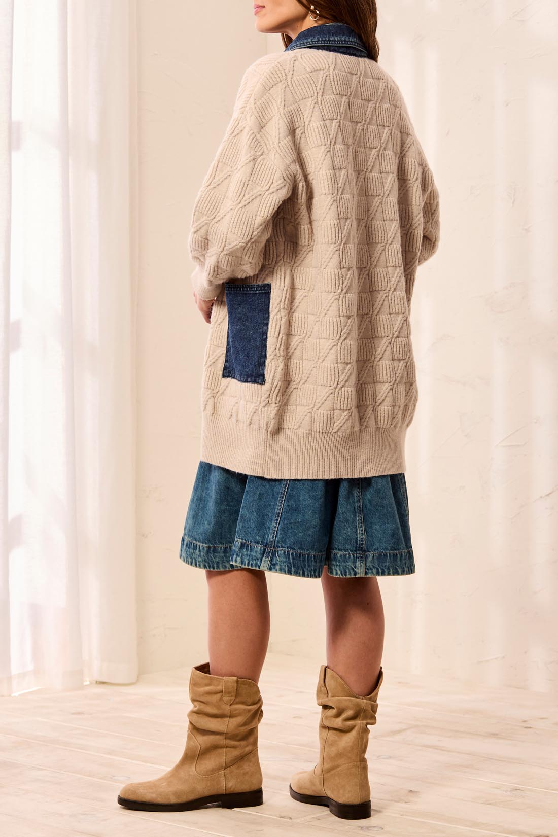MIX MEDIA SWTR COATIGAN W/ DENIM