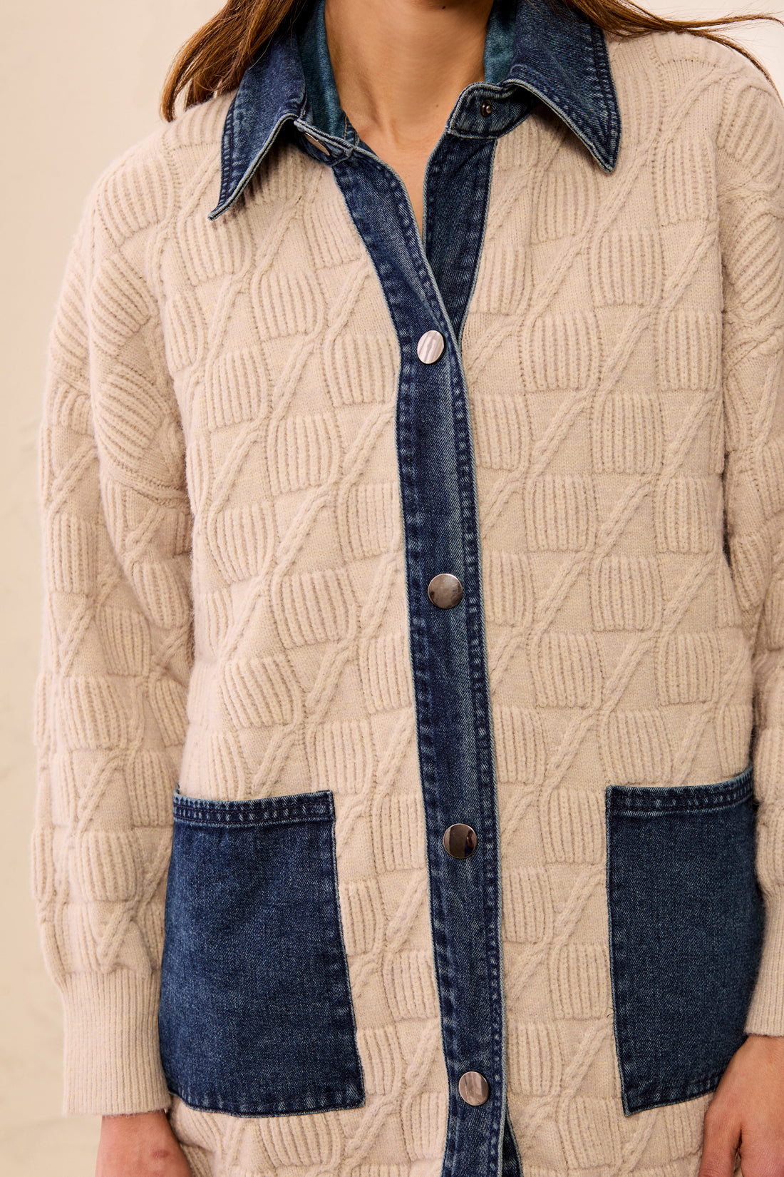 MIX MEDIA SWTR COATIGAN W/ DENIM