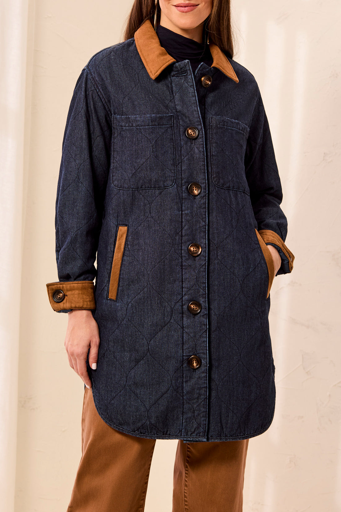 QUILTED DENIM JKT W/ SUEDE