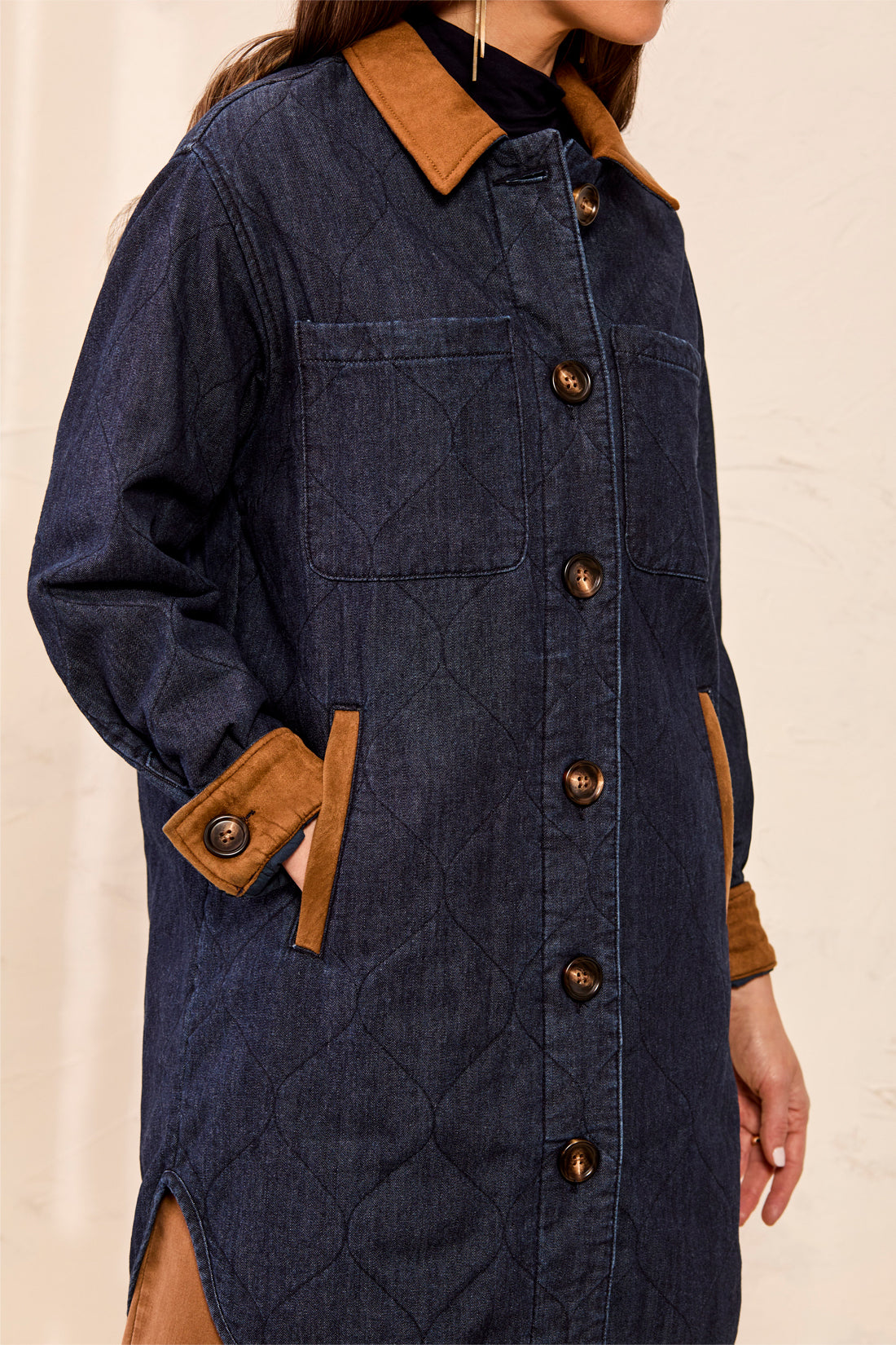 QUILTED DENIM JKT W/ SUEDE