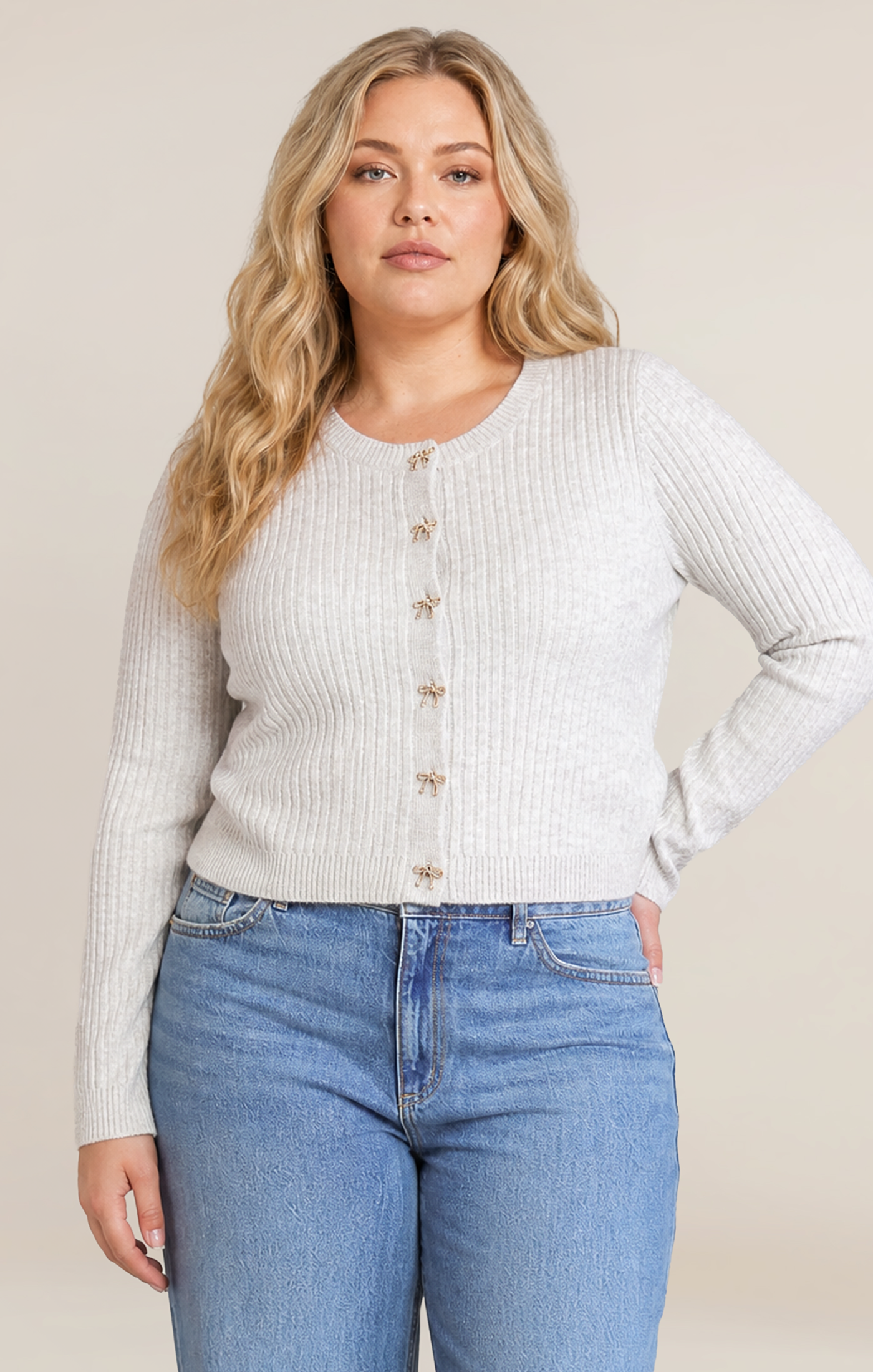 BOW BUTTON CROPPED CARDIGAN