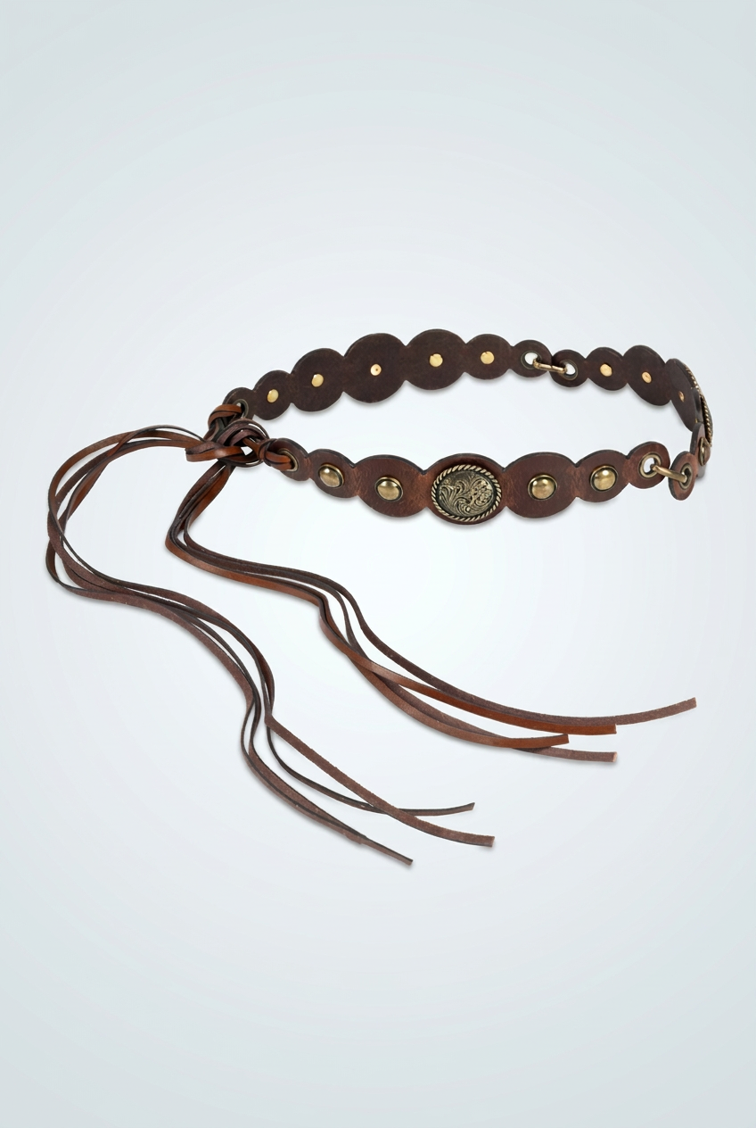 CARLY LEATHER TIE BELT WITH VINTAGE CONCHO DETAILS-TAN