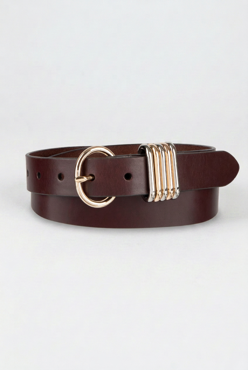 BREA GENUINE LEATHER HARNESS BELT WITH MIXED-METAL HARDWARE-BROWN