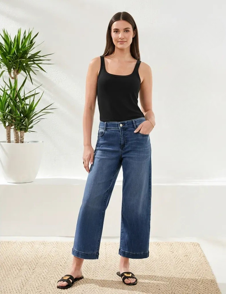 Audrey Hugging Wide Crop Jeans- Faded Blue